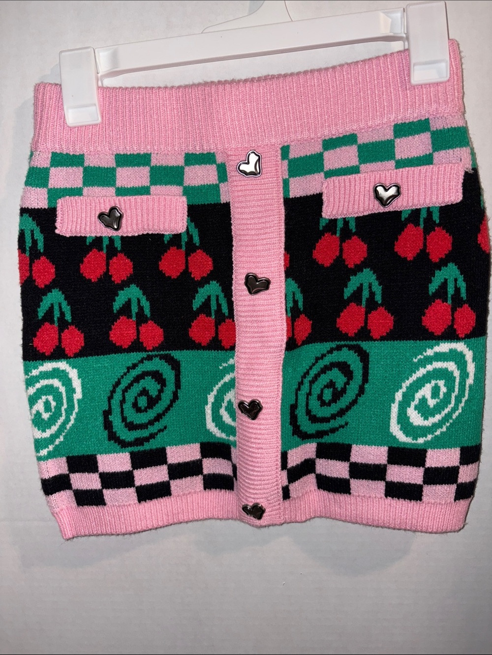 AKIRA Pink Green Black Cherry Patterned Knit Mini Skirt